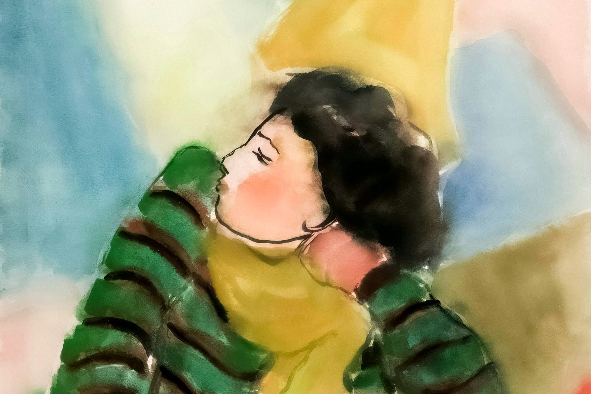 A minimalist painting of a pouting woman looking sideways.