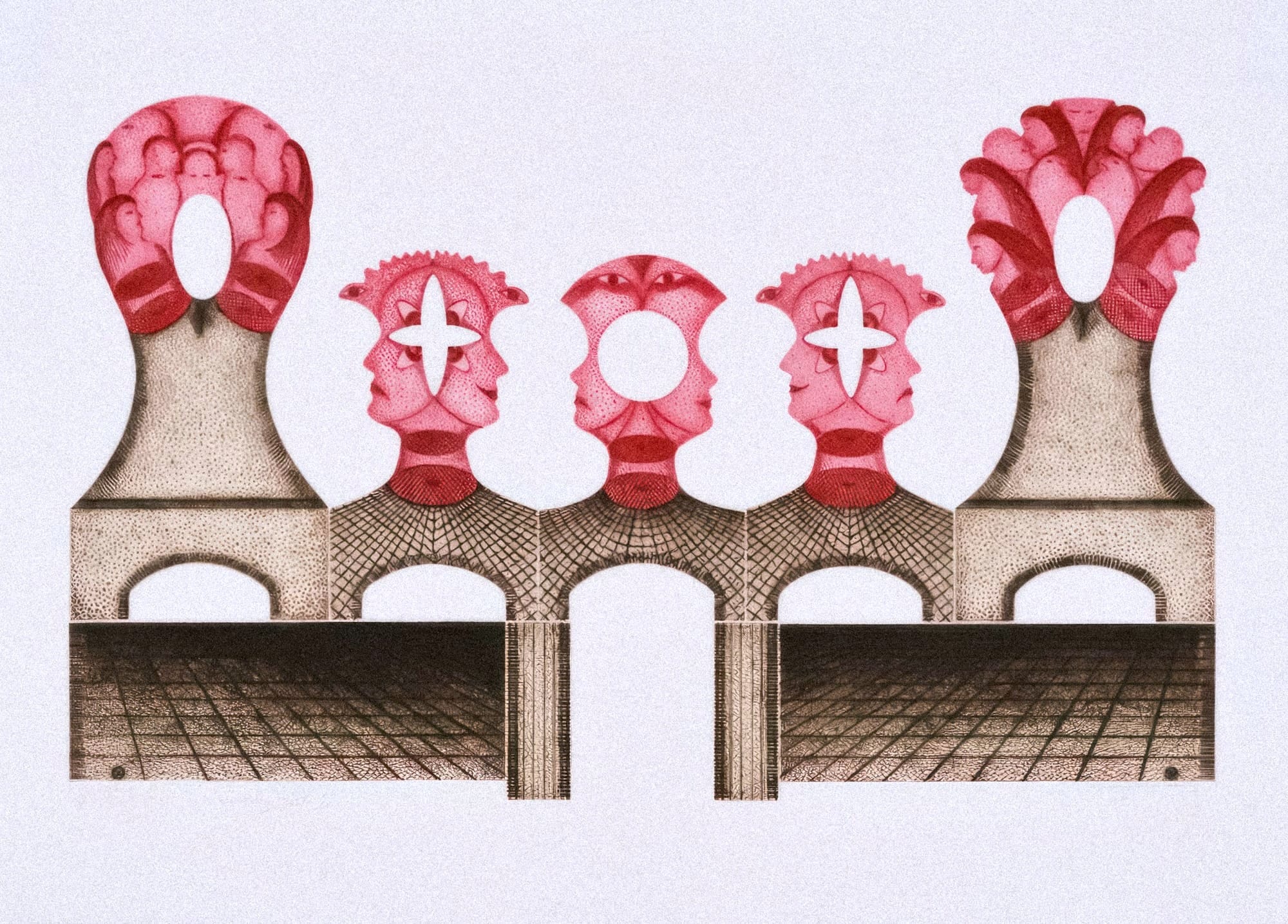 an abstract drawing of a bridge with human shapes and faces extending up