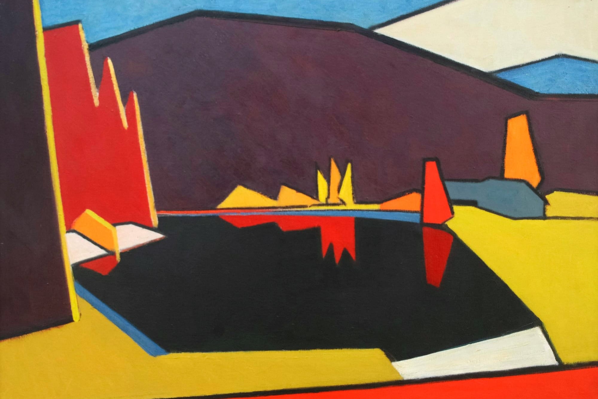a geometric painting of a landscape with mountains in the background