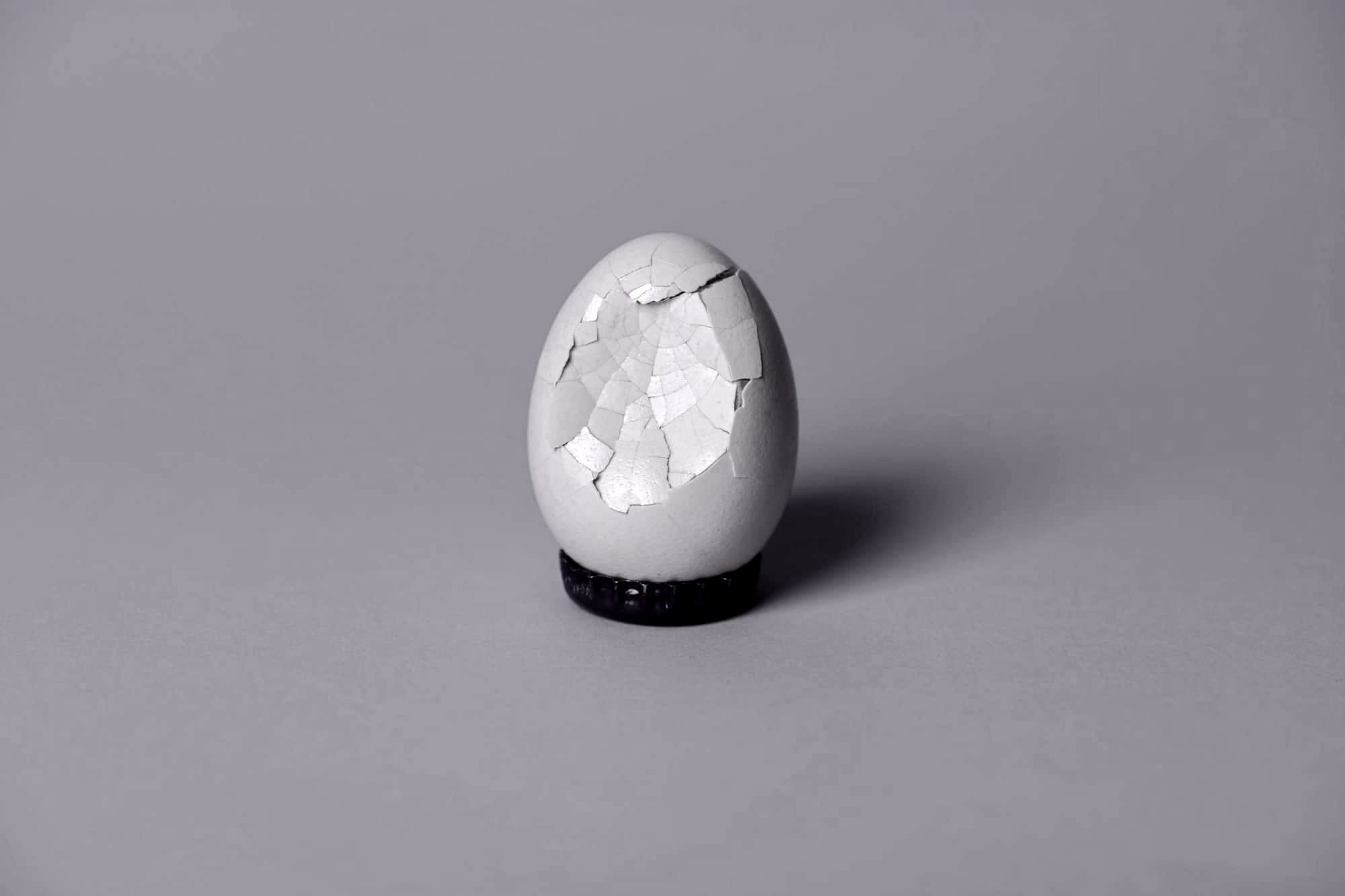 the cracked shell of a hollowed-out egg sitting in a bottle cap