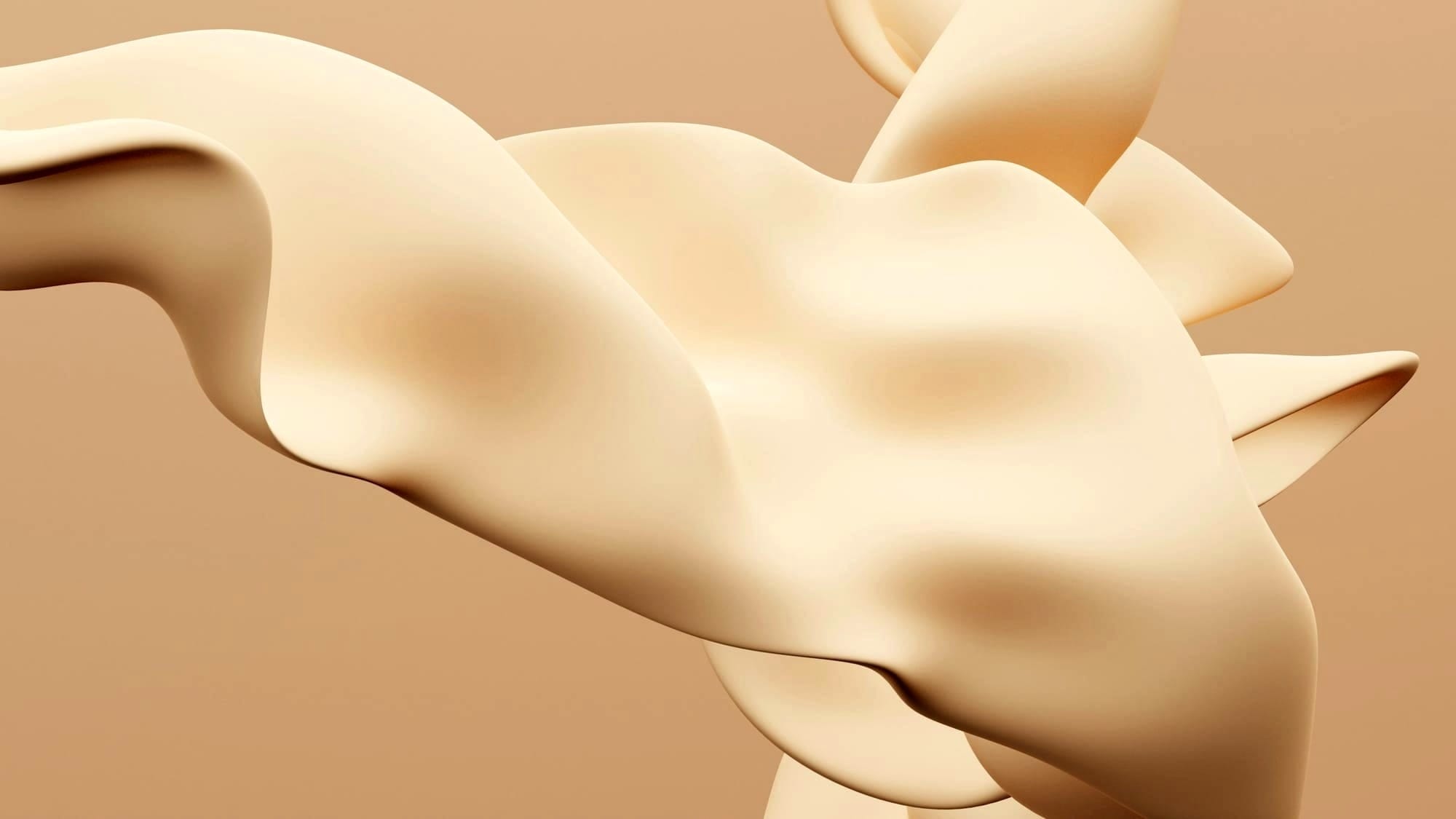 A close-up of a twisting, pale ribbon-like form—digitally rendered—unfurling across a beige-tinged backdrop.