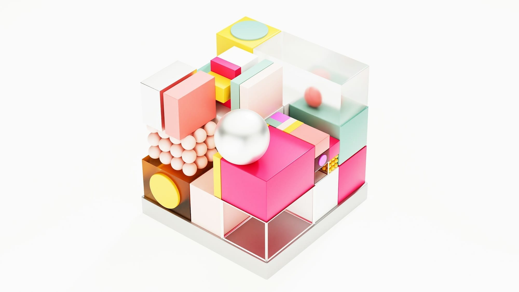 A colorful 3D puzzle-like square composed of numerous elements, from tiny spheres to rectangles of various sizes and shades, shown on a white background.