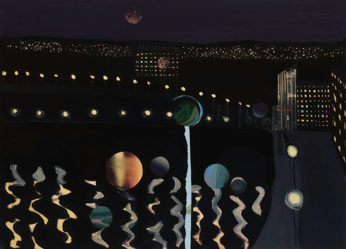 A painting of bright lanterns along an obsidian field and road.
