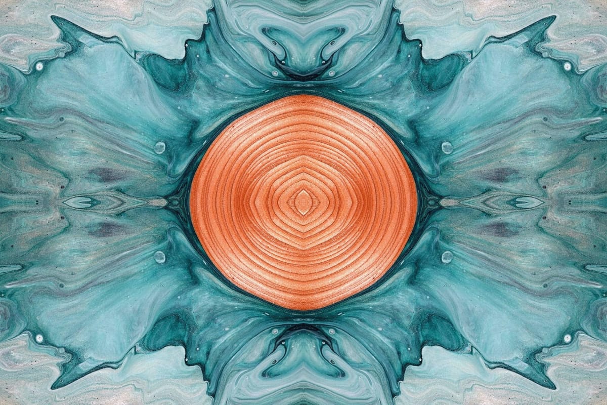 An abstract turquoise painting with a circular copper design in the center