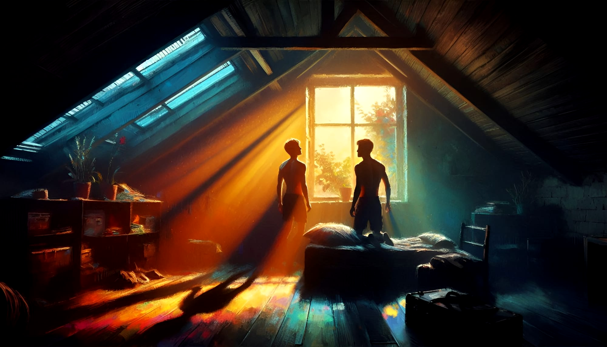 A semi-dark, stuffy attic in summer, with sunlight streaming through a window, revealing the colourful silhouettes of two young men in a quiet moment of suspended desire.