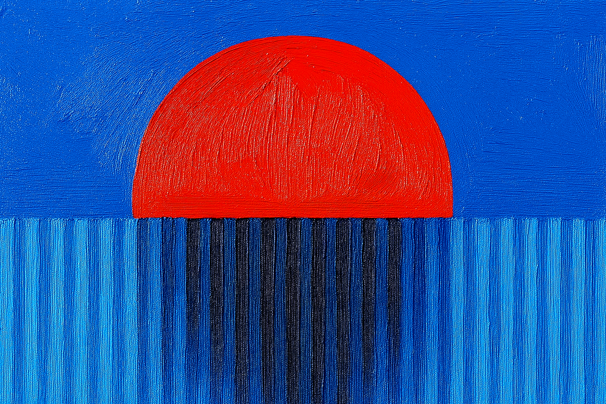 A red circle against a blue background, partially obscured by a wall of blue paper with accordion folds.