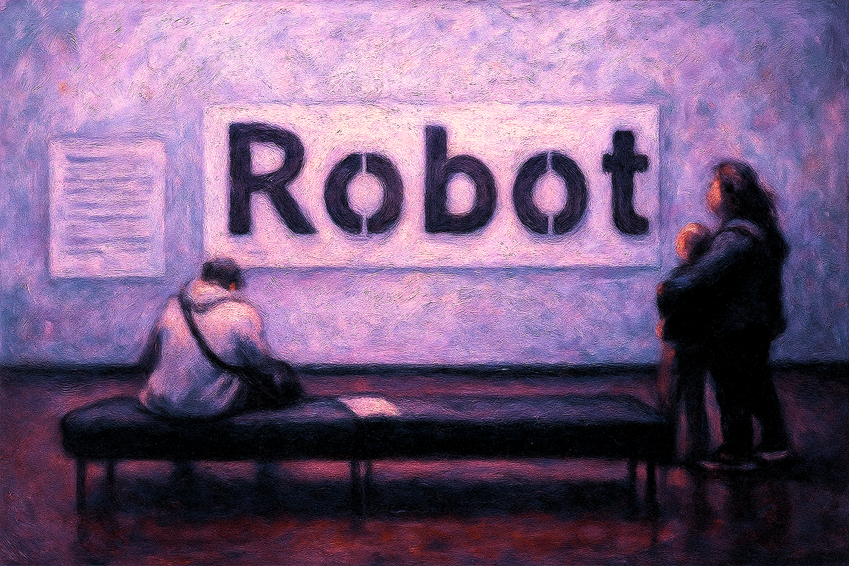 A man sits on a bench in a museum, while another man stands nearby with a child. They all look at the word "Robot" displayed on the wall.