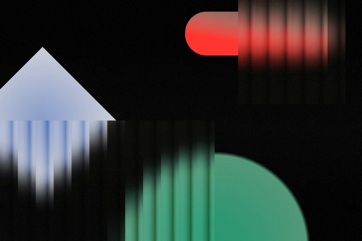 Black background featuring three partially blurred geometric shapes: a red oblong, a blue rhombus, and a green circle.