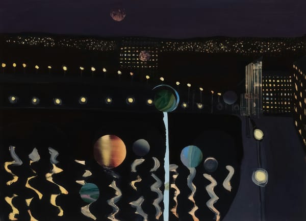 A painting of bright lanterns along an obsidian field and road.