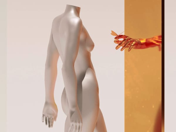A 3D render of a mannequin, with a copper arm extending from the mirror opposite it to reach its naked form.