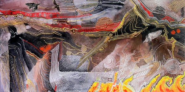 Black, white, and red textile showing a mountain, fire, birds in the sky, and the cloaked figure of a woman.