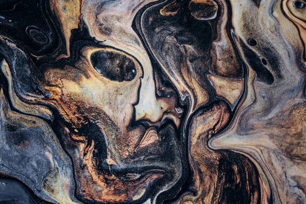 Black, brown, and gray abstract painting of a dissolving face
