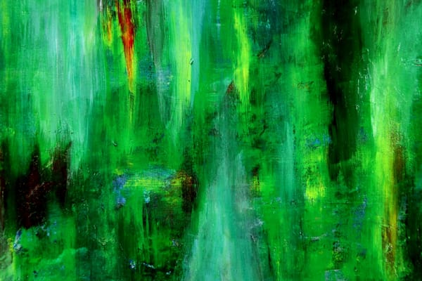Green oil paint on a canvas, creating the illusion of a wall of greenery.