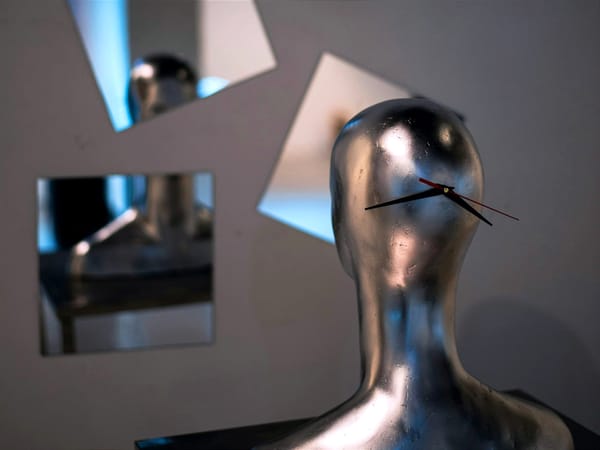 The back of a silver humanoid figure's head with clock arms at its center.