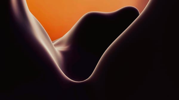 A shaded render of a curved landscape, with an orange sky and black-and-white shapes.