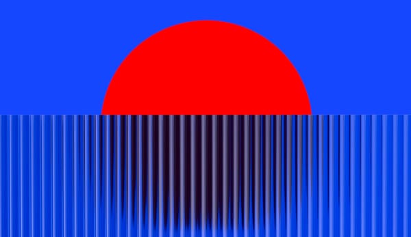A red circle against a blue background, partially obscured by a wall of blue paper with accordion folds.