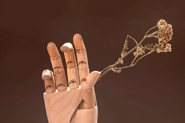 a wooden sculpture of a hand holding a flower