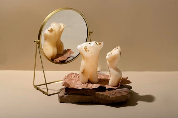 Two small sculptures of a male and female body, reflected in a nearby mirror that distorts and merges their forms, blurring the distinction between genders.