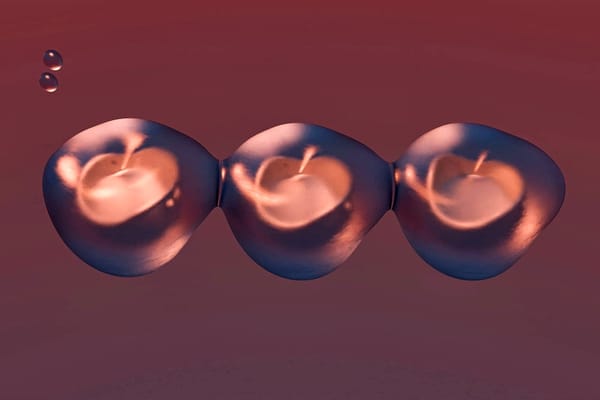 three abstract purplish apples connected together like molecules