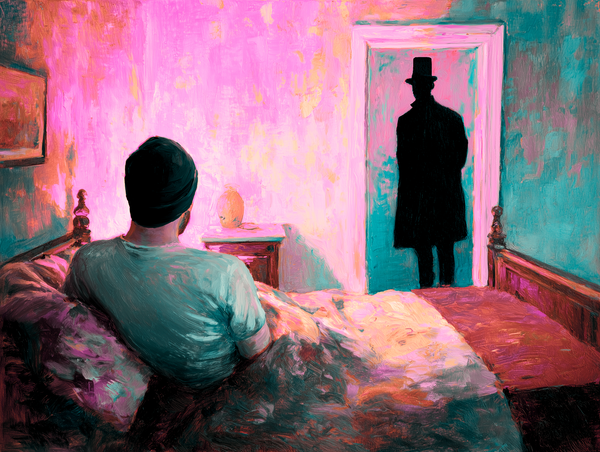 A young man wearing a beanie lies in bed, staring at the shadowy silhouette of a Victorian-era man standing in his bedroom doorway.