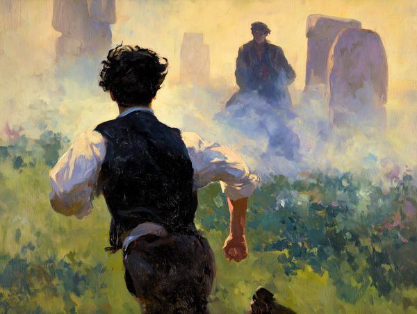A young man with curly black hair, dressed in Edwardian clothing, runs toward another man, half-visible in the mist, with a Stonehenge-like stone formation in the background.