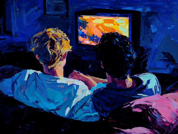 Two young men sitting inches apart on a worn velvet sofa in a dark living room, watching the TV in tense, charged silence.