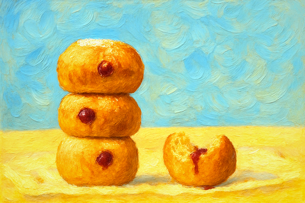 A stack of three small jam-filled doughnuts, with a fourth doughnut on its side next to them, showing a bite taken out.