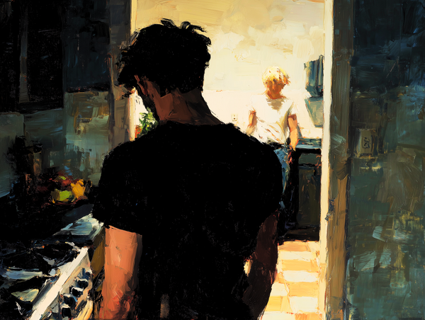 Two young men—one with black hair in a black T-shirt, head down and back to us; the other, blonde and in a white T-shirt, watching from the background.