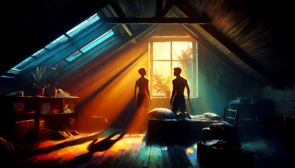 A semi-dark, stuffy attic in summer, with sunlight streaming through a window, revealing the colourful silhouettes of two young men in a quiet moment of suspended desire.