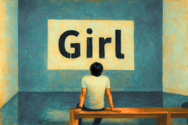 A man sits on a bench in a museum, gazing at a canvas with the word “Girl” boldly painted on it.