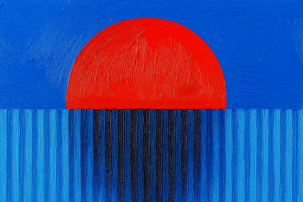 A red circle against a blue background, partially obscured by a wall of blue paper with accordion folds.