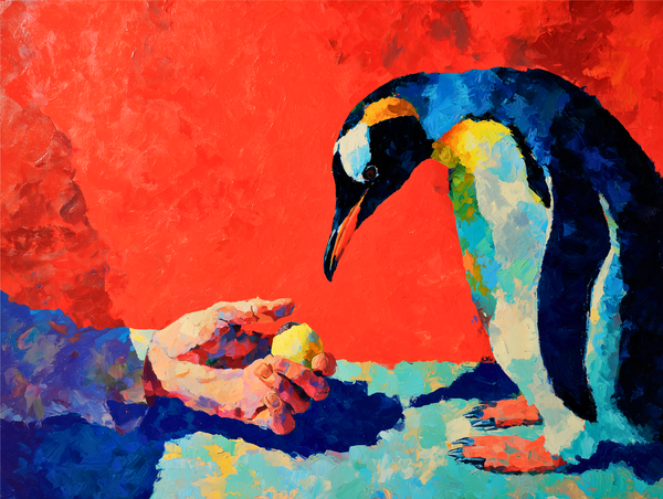 A close-up of a penguin looking down at a human hand pulling back with its egg.