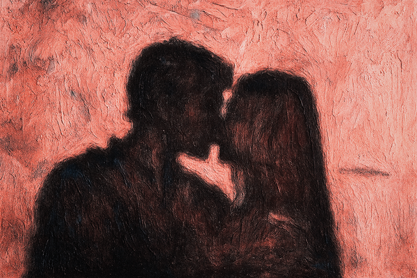 Silhouettes of two figures kissing against a pink background.