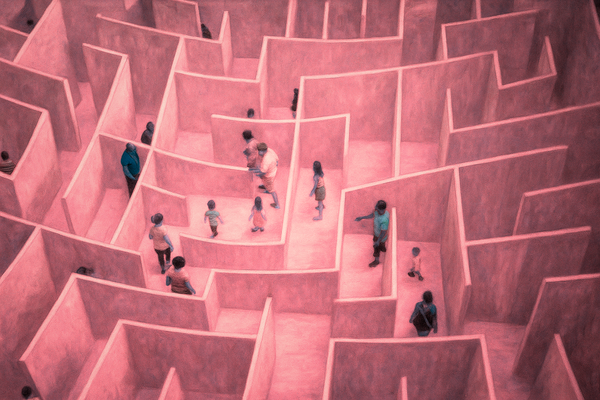 A painting depicting people walking through a large wooden maze.