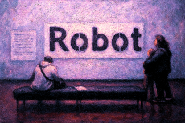 A man sits on a bench in a museum, while another man stands nearby with a child. They all look at the word "Robot" displayed on the wall.