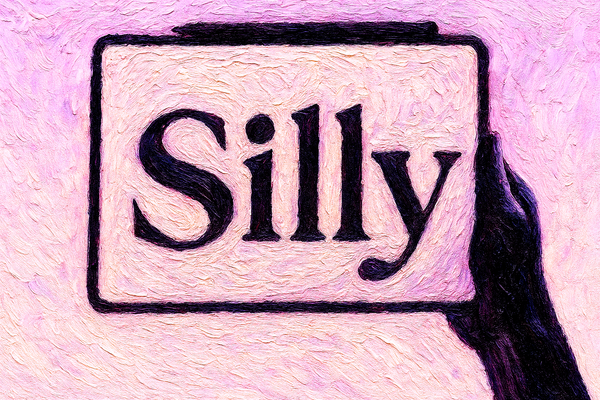 A silhouetted hand holds a tablet displaying the word ‘Silly’ in bold serif type—featured image for an article exploring the etymology of the word.