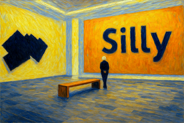A woman stands in a museum, gazing at a canvas that has the word “Silly” boldly painted across it.