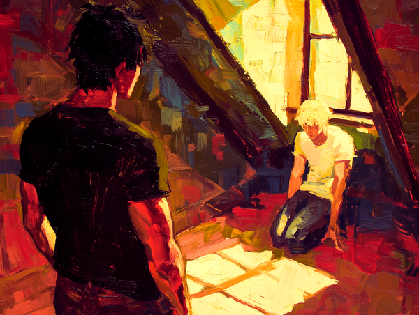 A young blonde man in a white T-shirt kneels on the attic floor, while a dark-haired man in a black T-shirt stands before him, watching him.