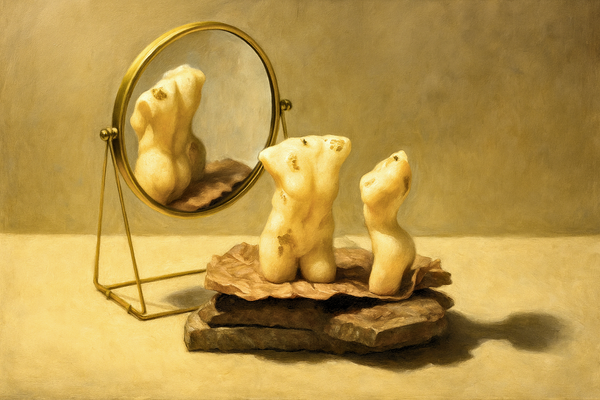 Two small sculptures of a male and female body, reflected in a nearby mirror that distorts and merges their forms, blurring the distinction between genders.