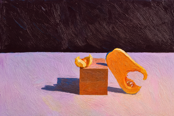 A soft, ripe papaya, bitten and leaning against a wooden block on a purplish background