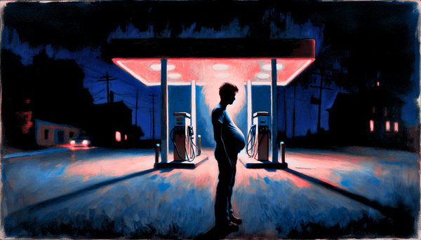Semi-dark, blue-and-pink gas station at night with the silhouette of a young, boyish, pregnant man in a t-shirt, capturing a moment of tension and dread; painterly brush strokes.