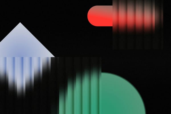 Black background featuring three partially blurred geometric shapes: a red oblong, a blue rhombus, and a green circle.