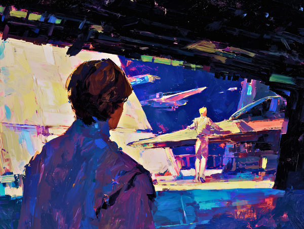 Painterly sci-fi scene: a young man watches a distant blonde man with his hands on a spacecraft, framed by open hangar doors and deep space. Bold colours convey longing and desire.